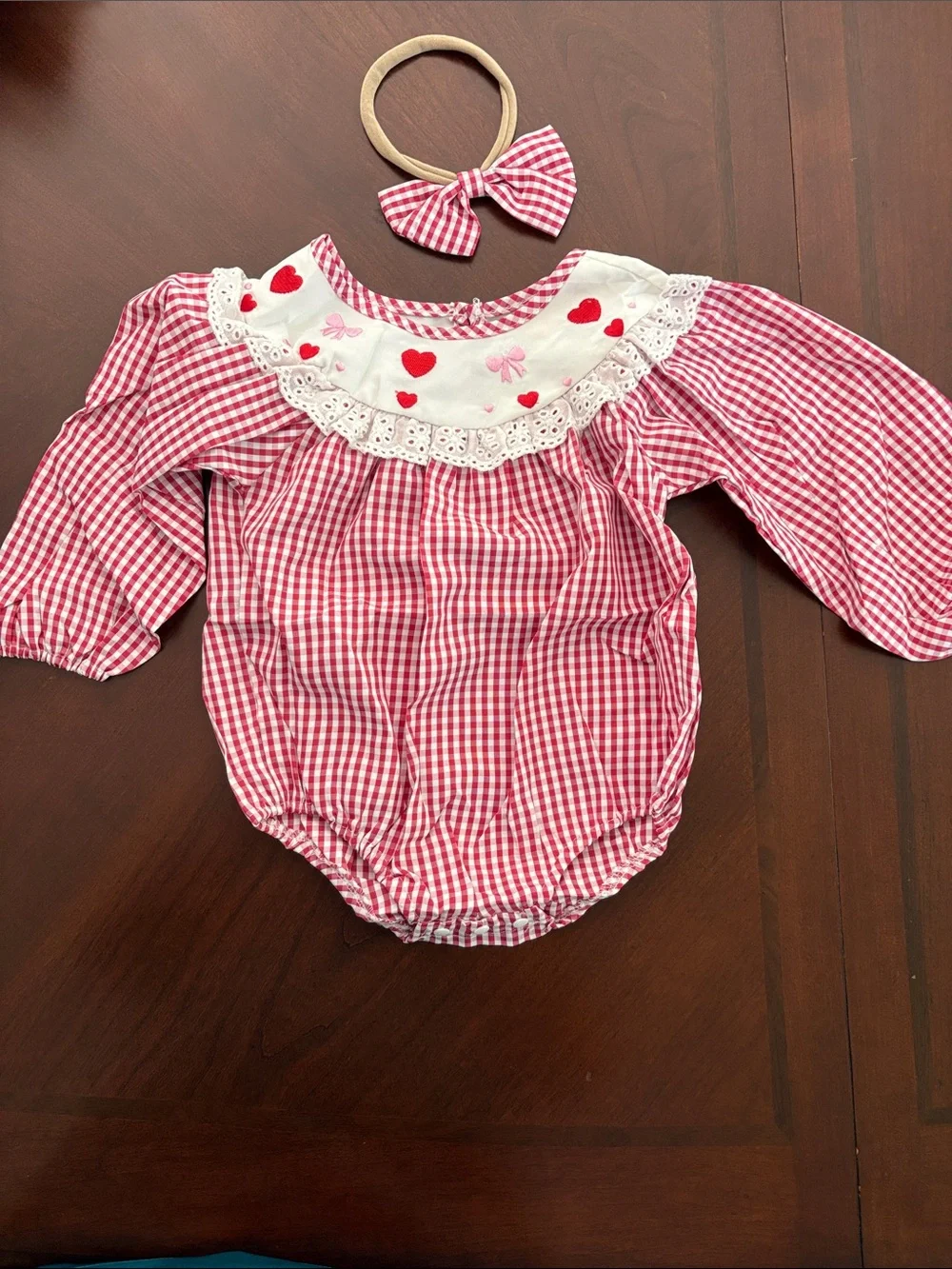 Red check Heart Baby Romper Matching Bow Headband Valentine Set Embroidered